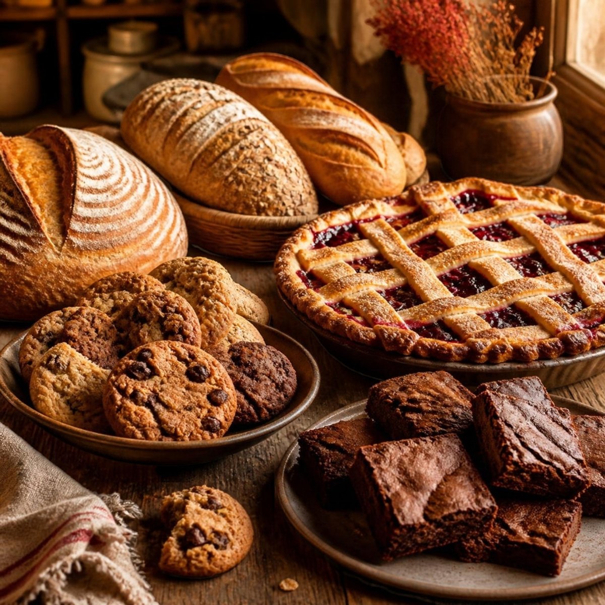 Fresh bread, a lattice berry pie, cookies, and brownies on a wooden table