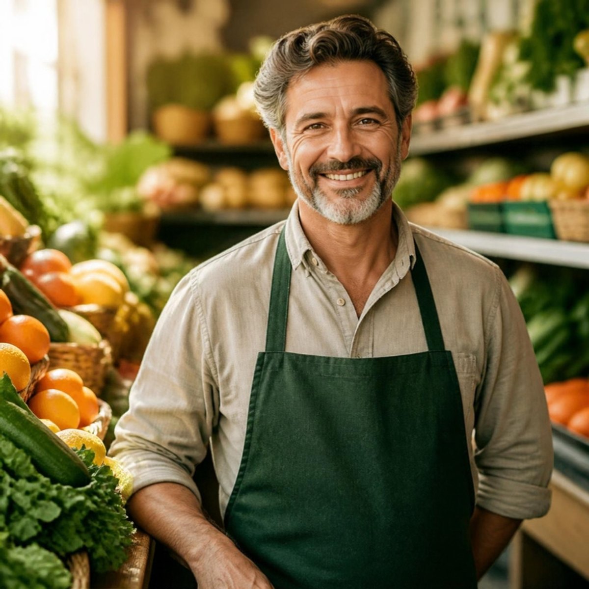 Mark Hollis, owner of Maple Ridge Market, in a green apron in the produce aisle