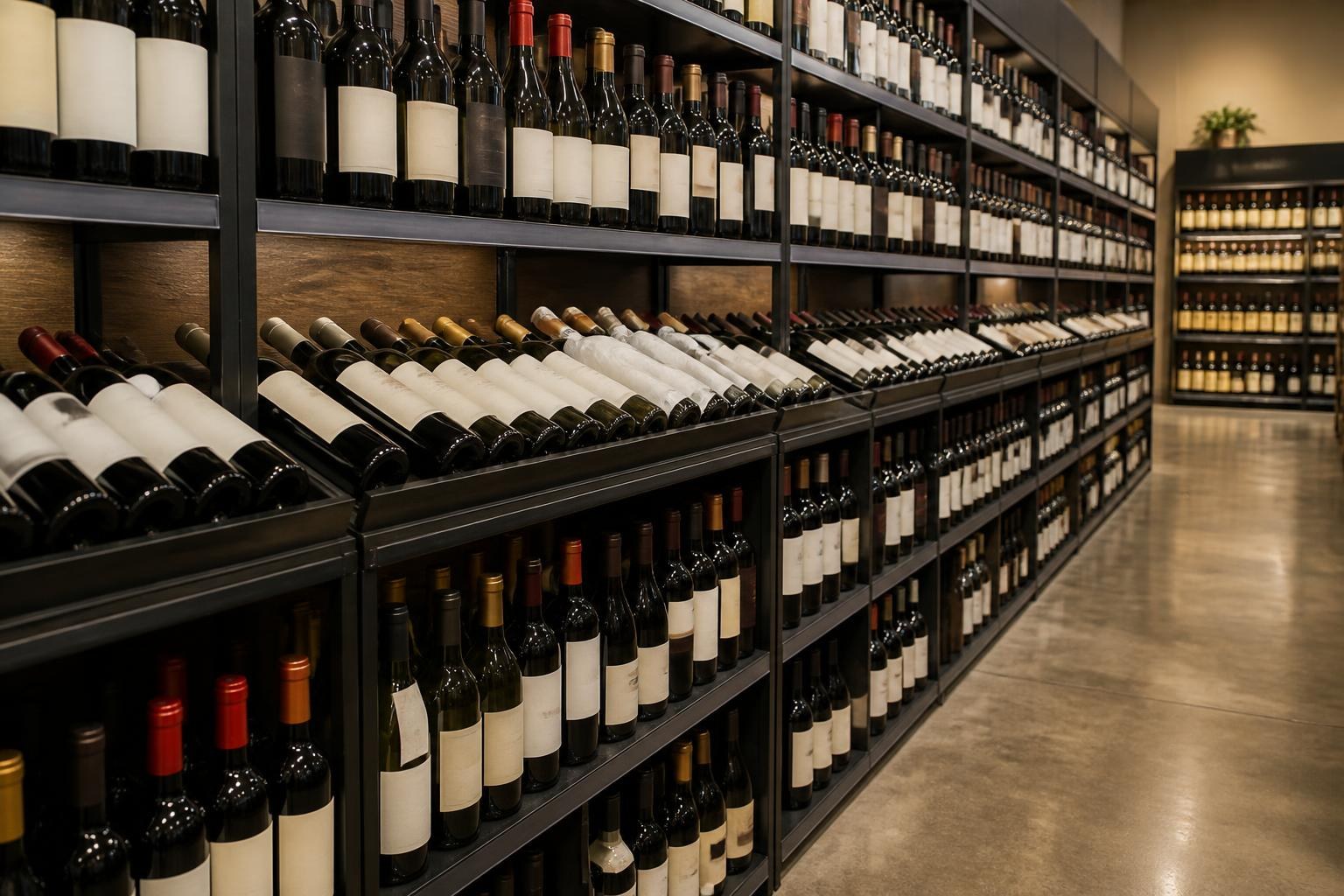 Rows of wine bottles on shelves in a store aisle
